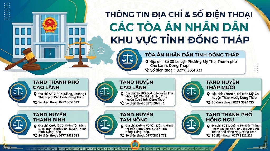 Địa chỉ và số điện thoại các Tòa án nhân dân khu vực tỉnh Đồng Tháp